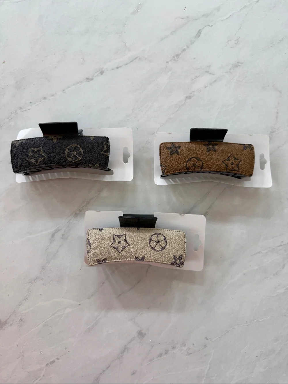 Set of 3 Novelty Monogram Print Padded Hair Claw Clips (Brown/Beige/Tan) - New